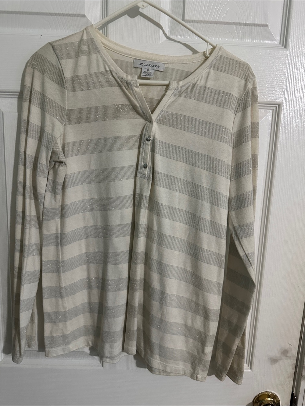 Liz Claiborne Cream & Silver Striped Henley Top